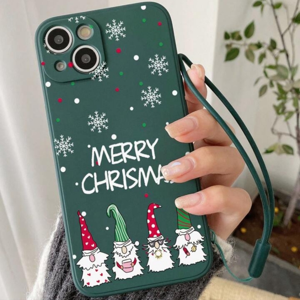 Dark Green Tpu‎ Cute Christmas Side Painted Phone Case With Hand Strap